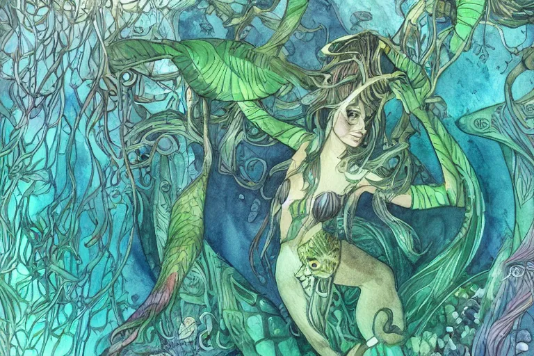 Image similar to watercolor artwork of exotic, elegant underwater tropical prints of the creatures of atlantis : : green, art nouveau, trending on artstation