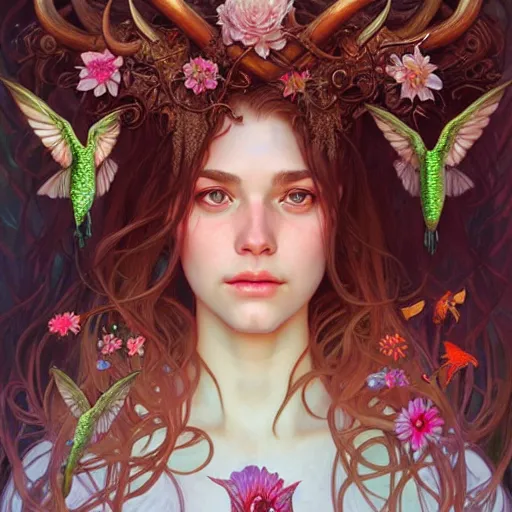 Image similar to Portrait of a girl with horns being surrounded by hummingbirds, face, fantasy, intricate, elegant, highly detailed, digital painting, artstation, concept art, smooth, sharp focus, illustration, art by Wei Fan and Fernanda Suarez and Artem Demura and alphonse mucha