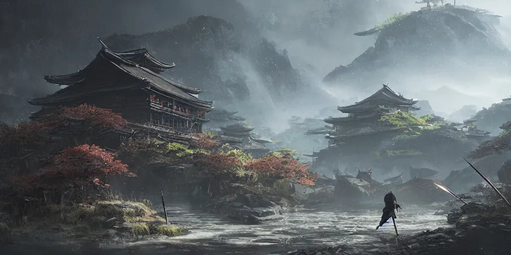 Image similar to an environmental concept art of ghost of tsushima, highly detailed, environmental light, cinematic by francis tneh