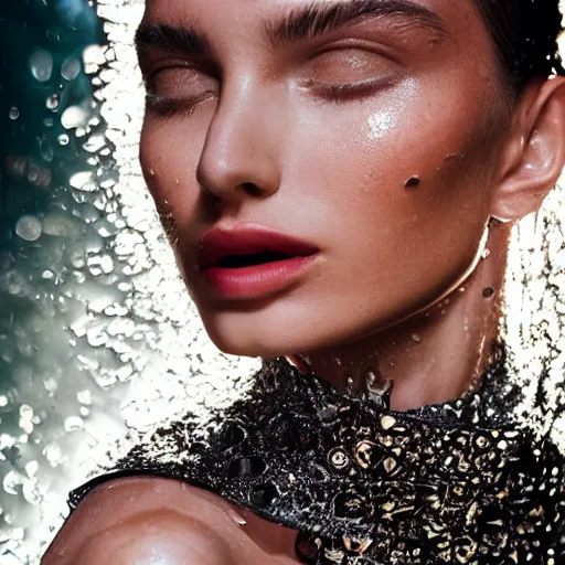 Image similar to close up of face of a fashion model is getting wet by a hose, luxury dress, official valentino editorial, highly detailed
