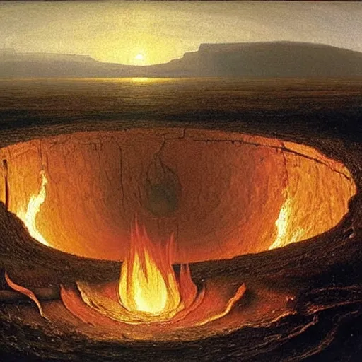 Image similar to a painting of the end of all time, there is a giant hole forming in the earth leading to the core of the earth and millions are being burned alive by the fire coming out of the hole, 8 k, by francis danby