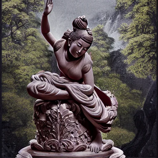 Image similar to marble statue of azula meditating in a rococo japanese garden, accurate details, detailed full body, dramatic, intricate, elegant, highly detailed, digital painting, artstation, concept art, sharp focus, illustration, art by gustave dore