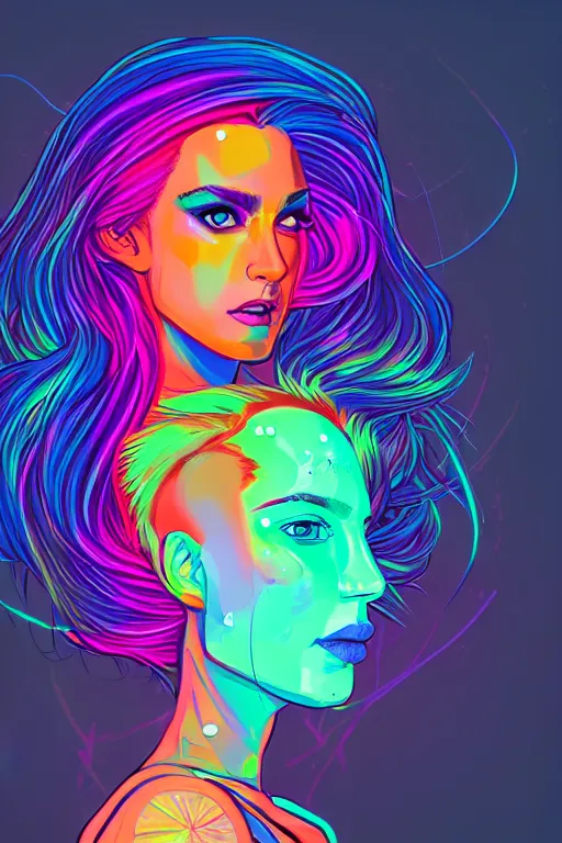 Image similar to a award winning half body portrait of a beautiful woman with stunning eyes in a croptop and cargo pants with rainbow colored ombre hairstyle head in motion and hair flying by josan gonzales, neon outlines, outrun, vaporware, shaded flat illustration, digital art, trending on artstation, highly detailed, fine detail, intricate