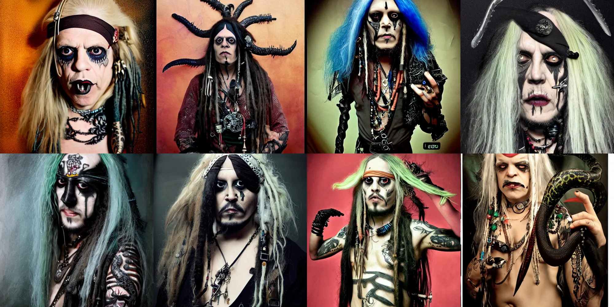 Prompt: Genesis P-Orridge , dead passionate cyborg dressed as Jack Sparrow, full body photo, insane avant-garde professional hair style, dramatic hair color, tattoed black snake skin, emerald eyes, amber jewels, ornate clothing, digital painting, epic cinematic, sci-fi, psychedelic, realistic, hyperdetailed, chiaroscuro, concept art, art by Jon Foster and Michael Whelan and Amano and Karol Bak