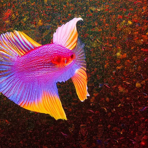 Prompt: a beautiful richly colored beta fish on a black background, full subject in view