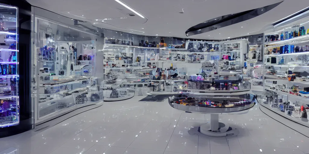 Prompt: a photo of a clean alien shop, futuristic, holographic, 8k, sharp focus, Fujifilm