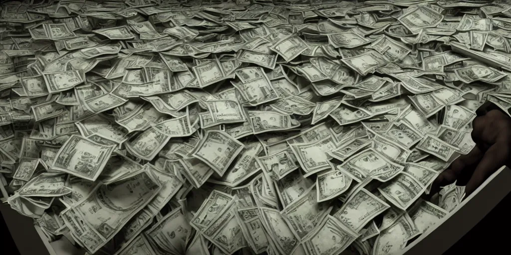 Image similar to a film still of cash money piling up in a vault, shallow depth of field, cinematic, award winning cgi, vfx, film still cfg _ scale : 1 8. 0