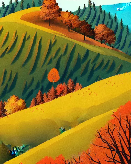 Image similar to autumn hillside boy hiking illustration detailed, by pedro kruger