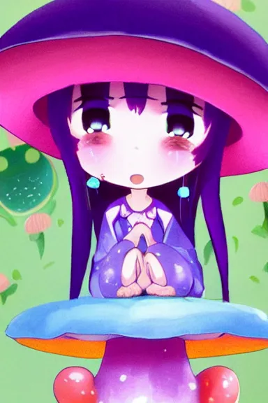 Image similar to a beautiful little girl wearing a mushroom hat sitting in her room petting a frog in her lap | | purple hair, pretty face, sharped details, in ryuuou no oshigoto art style, trending on pixiv, anatomically correct