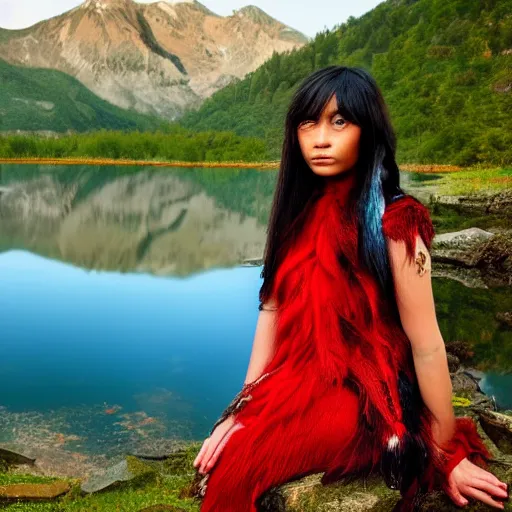 Prompt: prompt Young Woman, wearing Inka clothes, Harpy, red feathered wings, sad expression, sitting at a pond, mountainous area, trees in the background, digital art