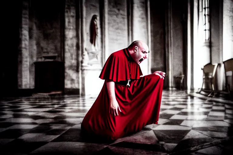 Prompt: dramatic scene of disturbed face of a priest performing an exercism on a girl with long black hair wearing a red dress at the vatican, spooky atmosphere, 3 5 mm, horror movie, hyper detailed, 8 k