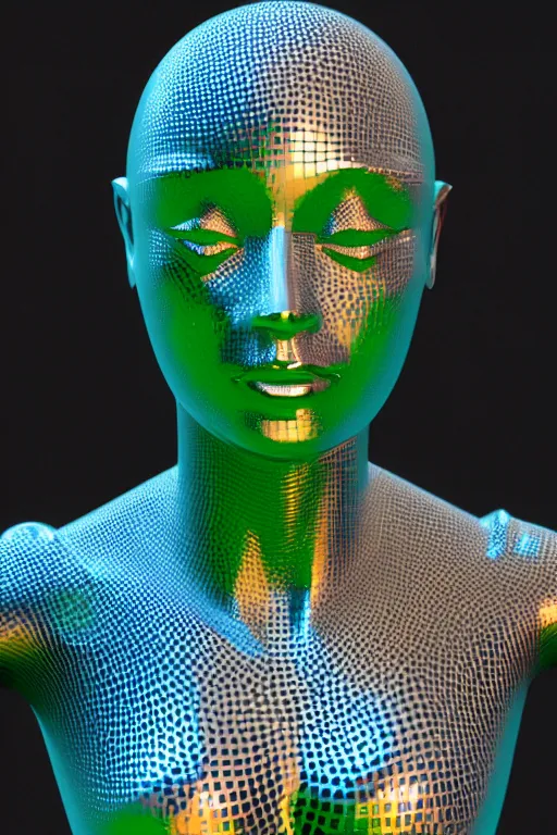 Image similar to 3d render of holographic human robotic bust made of glossy iridescent, bust, surrealistic 3d illustration of a human non-binary, non binary model, 3d model human, cryengine, made of holographic texture, holographic material, holographic rainbow, concept of cyborg and artificial intelligence
