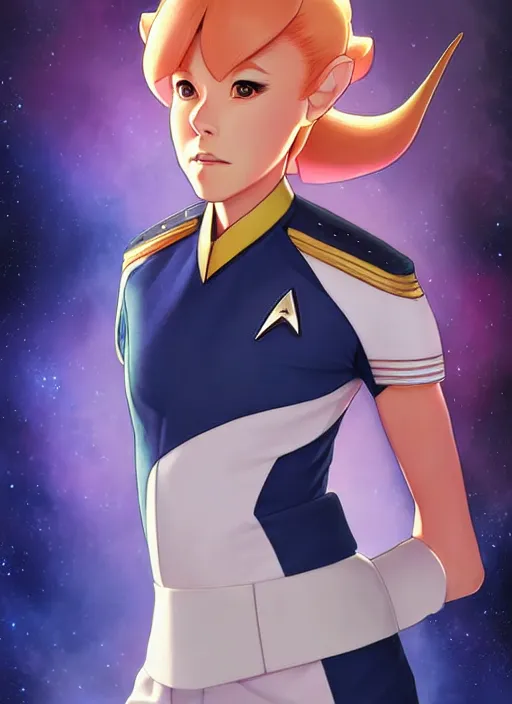 Prompt: cute star trek officer yoshimitsu, natural lighting, path traced, highly detailed, high quality, digital painting, by don bluth and ross tran and studio ghibli and alphonse mucha, artgerm