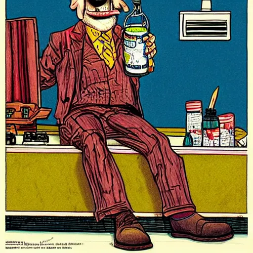 Prompt: The Artwork of R. Crumb and his Cheap Suit mixing whiskey in the bathtub, pencil and colored marker artwork, trailer-trash lifestyle