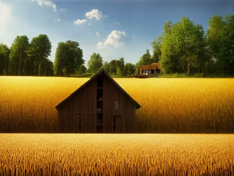 Prompt: hyperrealism photography of beautiful detailed eco house around the forest in small ukrainian village by taras shevchenko and wes anderson and caravaggio, wheat field behind the house