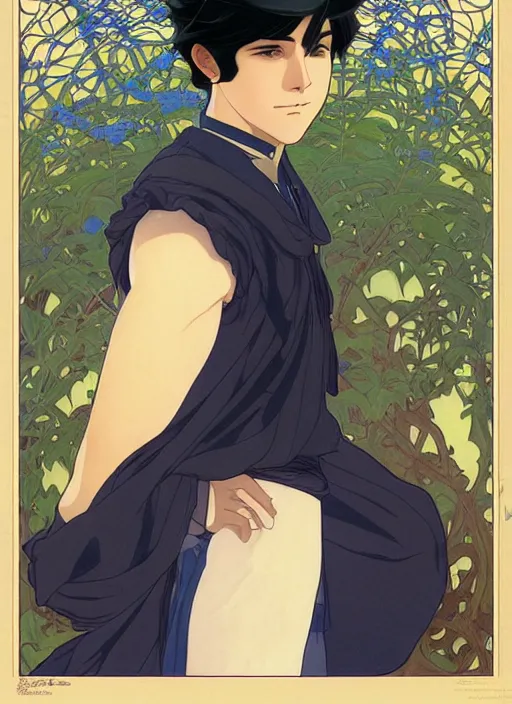 Prompt: handsome young man with short black hair, male, dressed in blue, half body shot, path traced, highly detailed, high quality, digital painting, by studio ghibli and alphonse mucha, leesha hannigan, hidari, art nouveau, chiho aoshima, posuka demizu