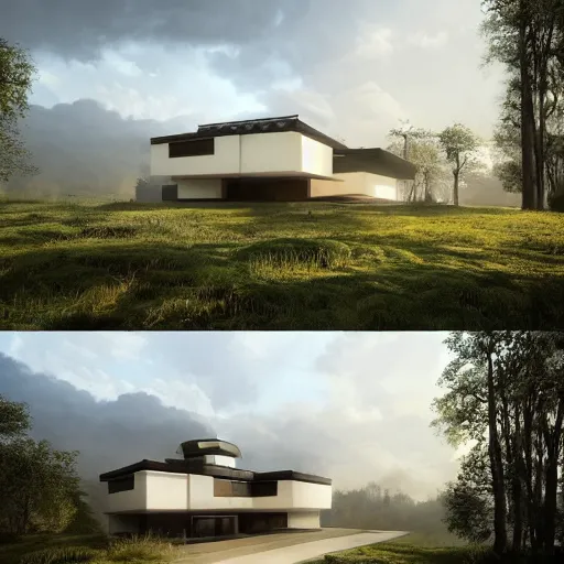 Prompt: rectangular modernist house inspired by a tibetan palace, surrounded by thick collumns, two levels, in a field, big trees, clouds, dramatic lighting, artstation, matte painting, raphael lacoste, simon stalenhag, frank lloyd wright, drone view