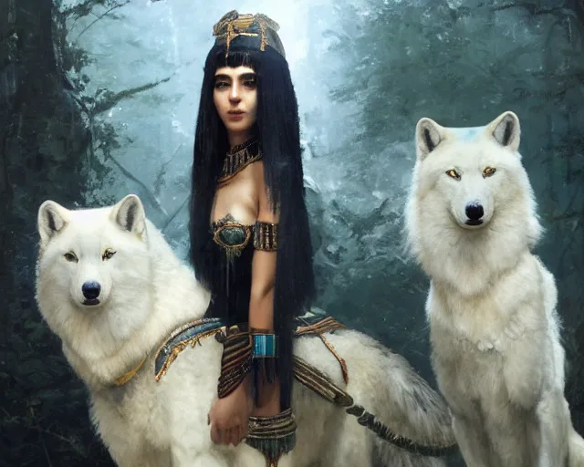 Prompt: 5 5 mm portrait photo of sensual cleopatra with her pet white wolves. magical atmosphere. art by greg rutkowski. highly detailed 8 k. intricate. lifelike. soft light. ilya kuvshinov and jeremy lipking and quentin mabille, light novel cover art, 3 d epic illustrations, symmetric body,