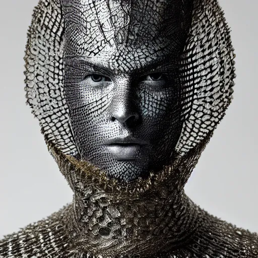 Image similar to a portrait of a beautiful young male wearing an alexander mcqueen armor made of holographic lace , photographed by andrew thomas huang, artistic