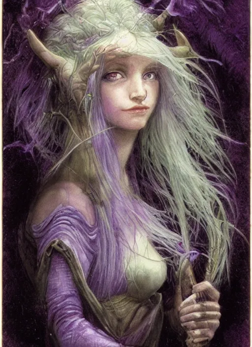 Image similar to portrait of young female sorceress of the endtimes, transluscent skin, lavender hair, beautiful! coherent! dungeons and dragons character, by brian froud, strong line, cool night color, high contrast