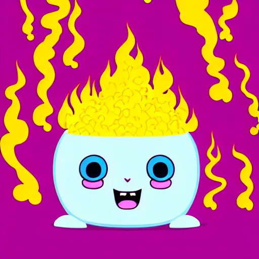 Image similar to kawaii wacky fluffy popcorn with lightning bolt power, with golden helmet, yokai, in the style of a mamashiba, with a yellow beak, with a toroidal energy field, with a smiling face and flames for hair, sitting on a lotus flower, white background, simple, clean composition, symmetrical, suitable for use as a logo