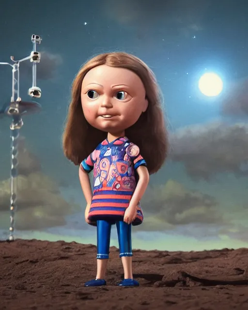 Prompt: closeup face profile portrait of a tin toy greta thunberg as a spacegirl standing next to a saucer - shaped vehicle, bikini, depth of field, zeiss lens, fashion photoshoot by nicoletta ceccoli, mark ryden, lostfish, breathtaking, detailed and intricate environment, 8 k resolution, extremely detailed, beautiful, establishing shot, artistic, hyperrealistic, octane render