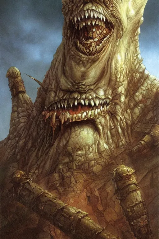 Image similar to artwork by john howe of a the angry abomination