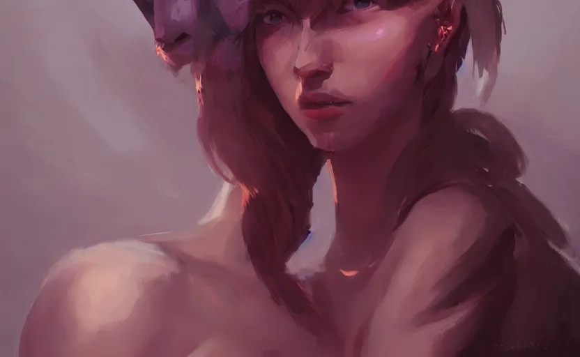 Image similar to a painting of swervy trending on artstation in the style of greg rutkowski, beautiful, sensual, natural skin, woman with cat ears, purple - eyes