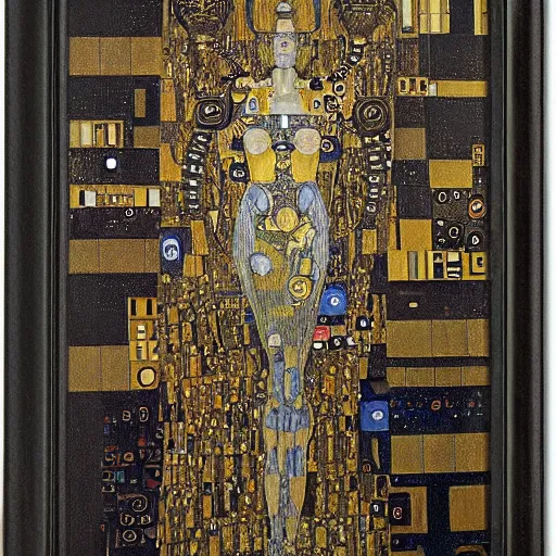 Image similar to combat mecha by h. r. giger, gustav klimt