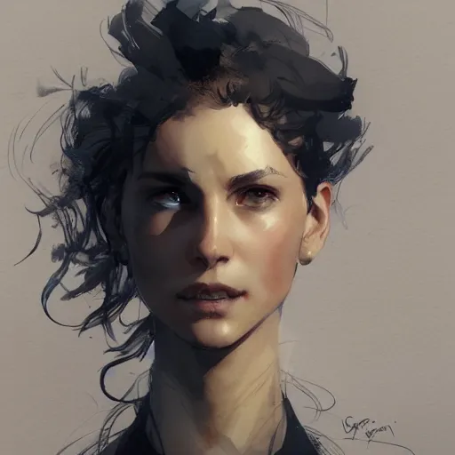 Image similar to a beautiful girl with short curly brown hair in a ponytail, a pointy chin, smiling sweetly, dramatic lighting, illustration by Greg rutkowski, yoji shinkawa, 4k, digital art, concept art, trending on artstation