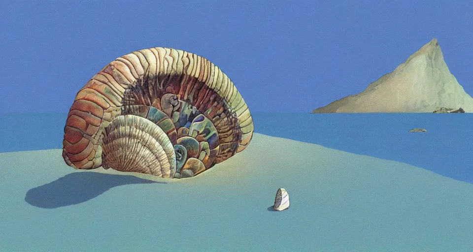 Image similar to painting of a giant abalone - shaped seashell house in the ocean, by roger dean, john harris, cell shaded graphics, concept art, minimalist