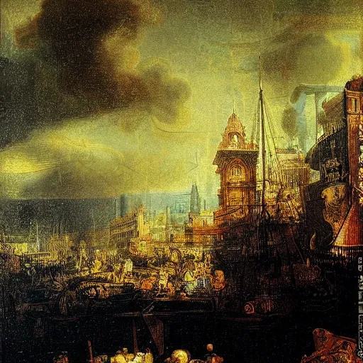 Prompt: a busy city of the year 3 0 0 0 by rembrandt