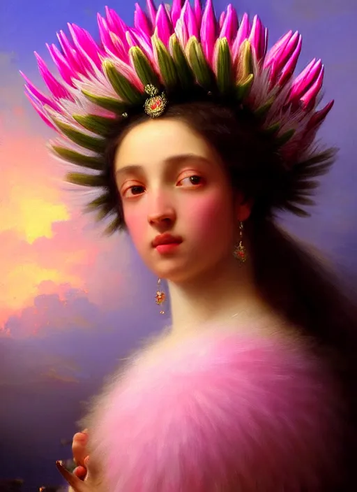 Prompt: stunning colombian godess princess, detailed pink and white protea head peace against a black backdrop by ivan aivazovsky, wlop, super sharp details, photorealism, 5 0 mm lens, oil painting, beautiful soft lighting, muted colours, artstation