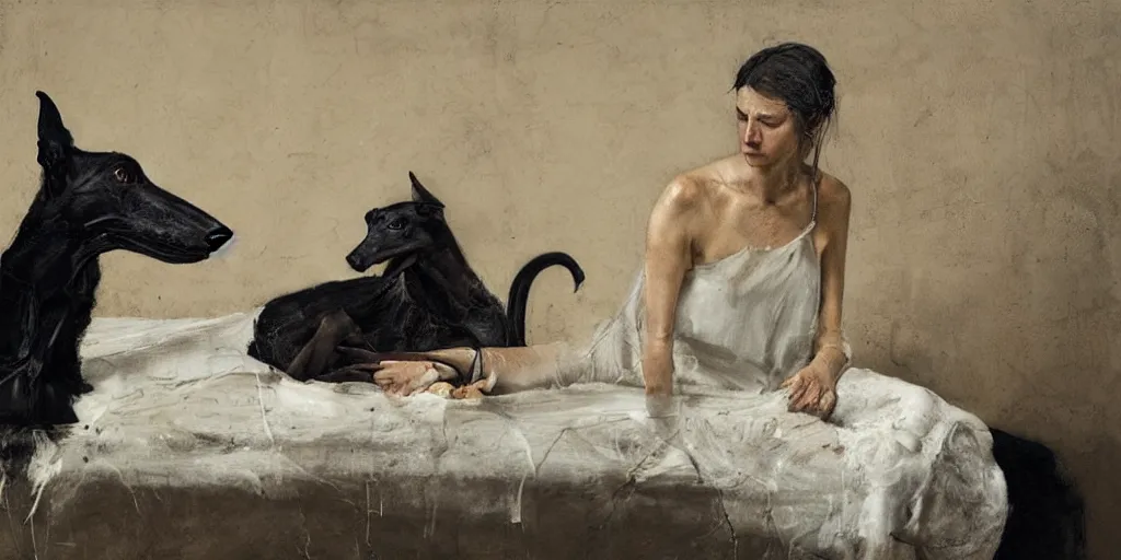 Prompt: a woman sitting with a black greyhound, flowers, dark atmosphere. by nicola samori and jenny saville