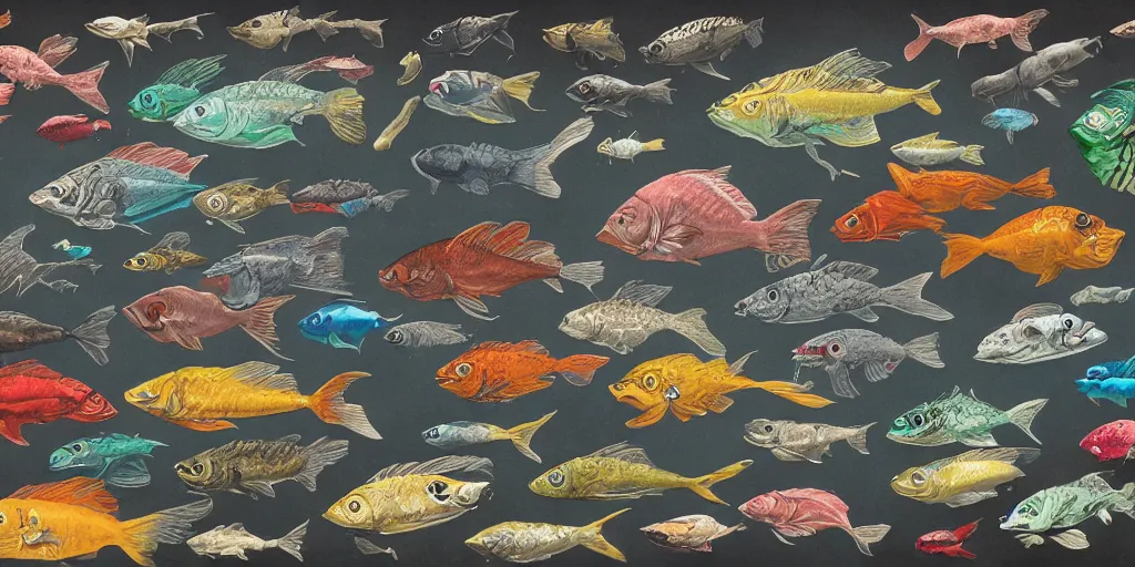 Prompt: full color page scan of various vintage fish illustrations on black background, in matte painting, 2 d, kitbash, 4 k,