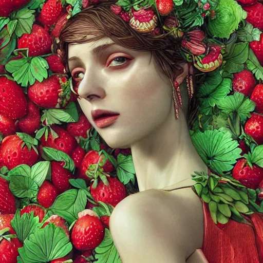 Image similar to the portrait of an absurdly beautiful, graceful, elegant, sophisticated, chaste woman made of strawberries and green petals looking up, an ultrafine hyperdetailed illustration by kim jung gi, irakli nadar, intricate linework, bright colors, octopath traveler, final fantasy, unreal engine 5 highly rendered, global illumination, radiant light, detailed and intricate environment