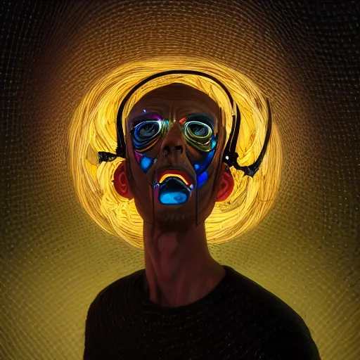 Prompt: Colour Caravaggio Bosch style Photography of Man with transparent glowing skin with highly detailed 1000 years old face with transparent glowing skin wearing highly detailed sci-fi VR headset designed by Josan Gonzalez. Many details . In style of Josan Gonzalez and Mike Winkelmann and andgreg rutkowski and alphonse muchaand and Caspar David Friedrich and Stephen Hickman and James Gurney and Hiromasa Ogura. Rendered in Blender and Octane Render volumetric natural light