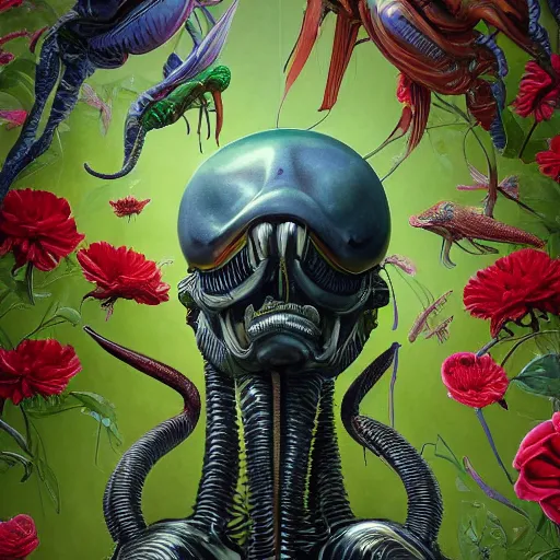 Image similar to head and shoulder portrait of xenomorph alien, surrounded by hummingbirds and fine floral ornaments, eye - level medium - angle shot, floral background, by esao andrews, by m. w. kaluta, by yoshita amano, by giger, moody evening lighting, smooth, 3 d octane render, depth perception, 4 k, artstation