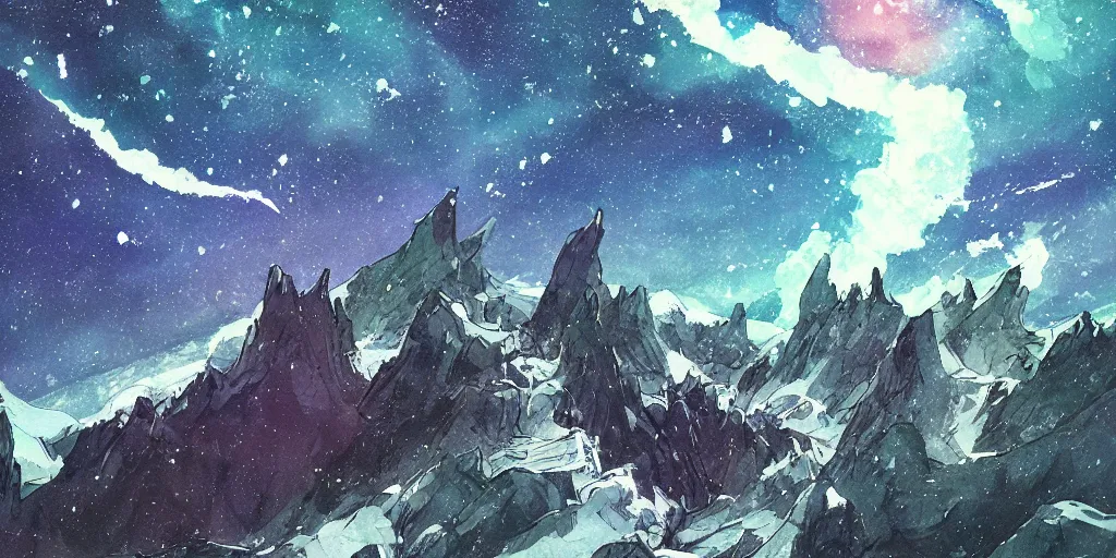 Image similar to stunning cold mountain landscape with sky full of galaxies by posuka demizu