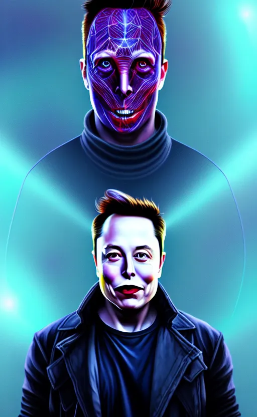 Prompt: a striking full body portrait of elon musk the eldritch god - creature, detailed artwork, realism, 4 k resolution, detailed, high quality, sharp focus, hq artwork, insane detail, volumetric lighting, character concept art, fine details, tarot card, clear subject