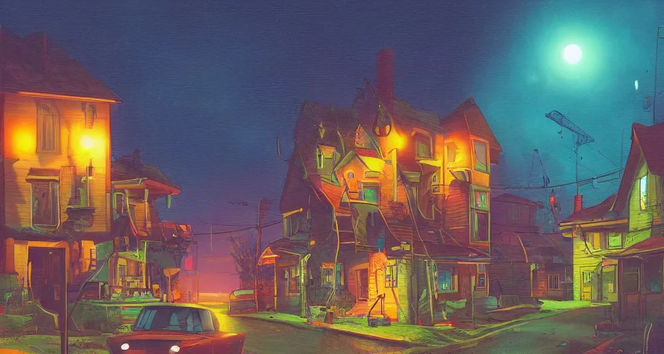 Image similar to a quaint suburban street at night with maschinen krieger, warm saturated colors, inspired by art of simon stalenhag