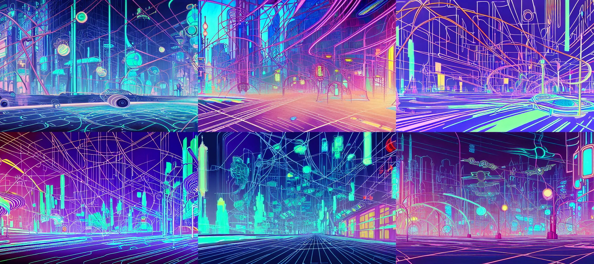 Prompt: art nouveau, fauvism, pastel drawing, oil painting, cyberpunk, fantasy landscape. wireframe datascape village streets in the style of tron legacy