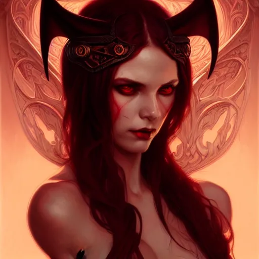 Image similar to Portrait of succubus, D&D, red eyes, face, fantasy, intricate, elegant, highly detailed, digital painting, artstation, concept art, smooth, sharp focus, illustration, art by artgerm and greg rutkowski and alphonse mucha