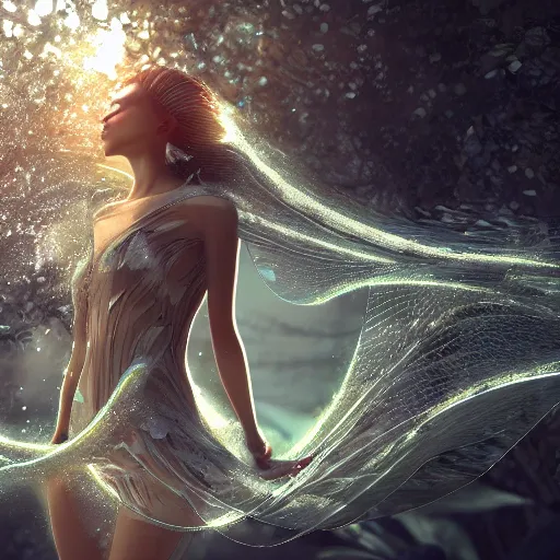 Prompt: a highly detailed digital image of a futuristic elegant woman shattering in the shape of leaves, artstation, extremely detailed woman, stunning volumetric lighting, 4k,