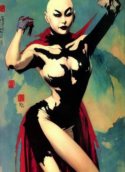 Prompt: portrait of bald korean vampiress, strong line, saturated color, beautiful! coherent! by frank frazetta, high contrast