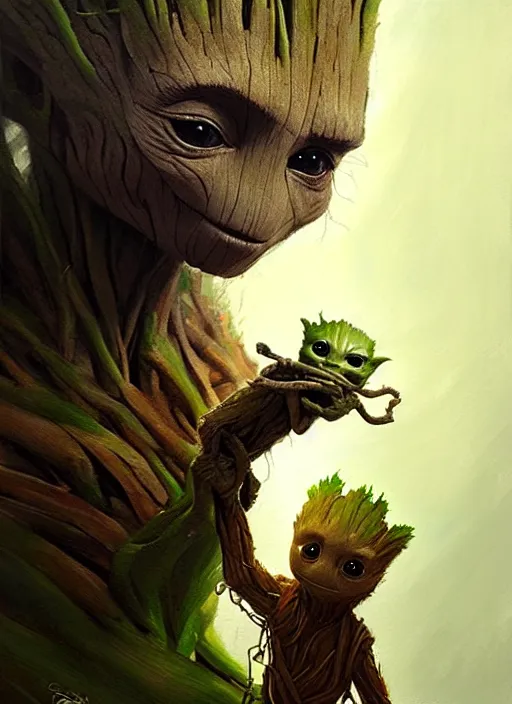 Prompt: very detailed masterpiece painting of groot holding yoda, portrait, artstation, concept art by greg rutkowski