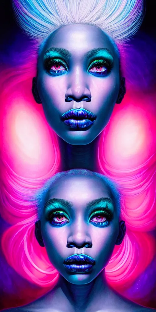 Prompt: hyperrealistic close-up of beautiful black woman with white hair and iridescent blue skin hannah yata dramatic neon lighting