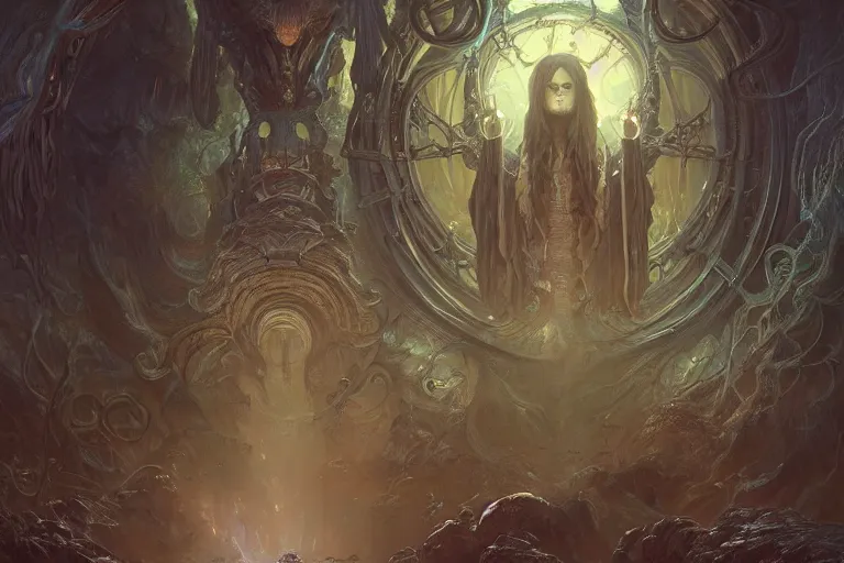 Image similar to a lovecraftian painting of a demonic portal, cosmic horror elements, ultra realistic, concept art, intricate details, eerie, highly detailed, photorealistic, octane render, 8 k, unreal engine. art by artgerm and greg rutkowski and alphonse mucha