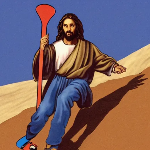 Image similar to Jesus crouching down on a skateboard, riding very fast down a hill