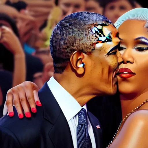 Image similar to barack obama hugging nicki minaj from behind, highly detailed illustration